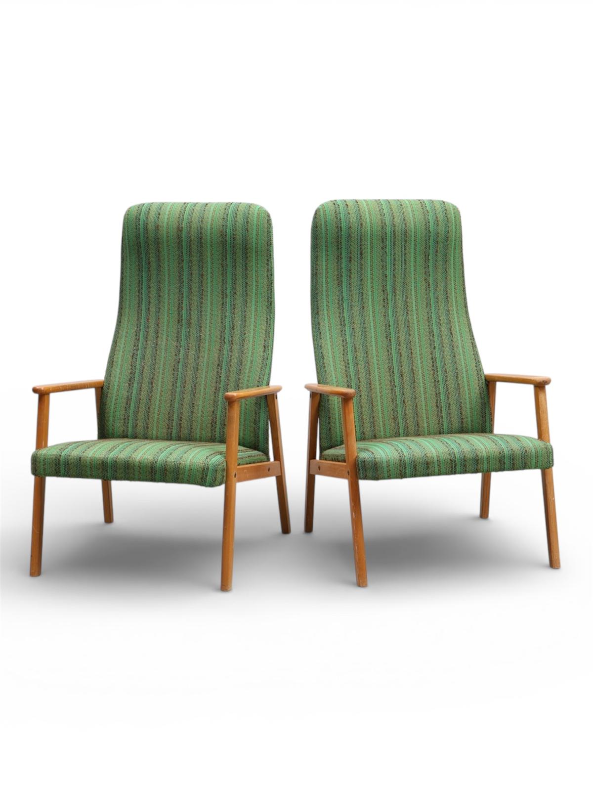 Pair Of 1960s Scandinavian Beech High‑Back Armchairs In Green Upholstery